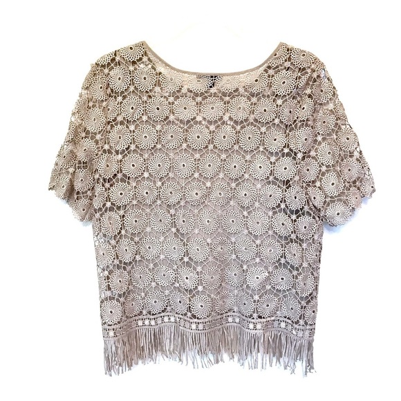 Ella Moss Gray Crochet Overlay Short Sleeve Blouse | Size Medium - Picture 3 of 8